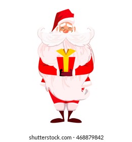 Merry Christmas! Happy New Year. Santa Claus with long beard and cute mustache in red. Papa Noel present red gift with gold ribbon isolated over white. Presents on Christmas day concept. vector.