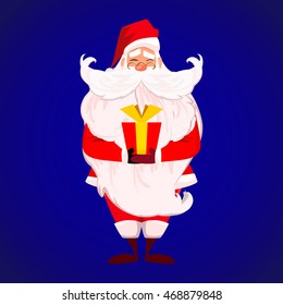 Merry Christmas! Happy New Year. Santa Claus with long beard and cute mustache in red. Papa Noel present red gift with gold ribbon isolated over blue. Presents on Christmas day concept. vector.