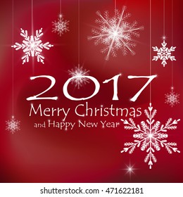 Merry Christmas and Happy New Year Card Xmas Decorations. Snowflakes. Red Backgrounds. Vector.