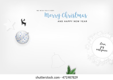 Merry Christmas and Happy New Year card with christmas elements and wish - vector illustration