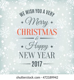 Merry Christmas  and Happy New Year 2017 text label on a winter background with snow and snowflakes. Greeting card template. Vector illustration.