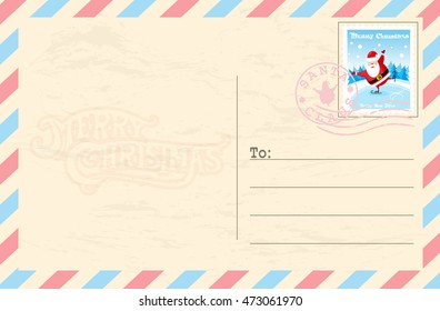 Merry Christmas and Happy New Year postcard with postage stamp Santa Claus on ice rink in funny cartoon style. Vector illustration