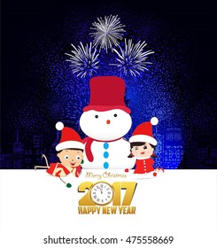 Merry christmas and happy new year 2017 with clock and funny kids