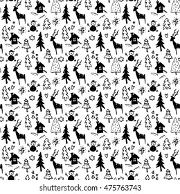 Merry Christmas and Happy New Year black and white hand drawn seamless pattern with rough edges. Vector illustration