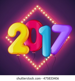 Merry Christmas and Happy New Year 2017 background, vector illustration. Bright and colorful greeting card, poster, banner, invitation design with numbers as balloons