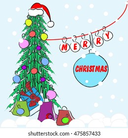 Merry Christmas and Happy New Year. Celebratory accessories - Christmas tree, balls and gifts. Vector illustration drawn by hand for decoration, cards, banners, posters.