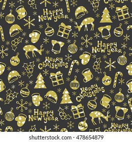Merry Christmas and Happy New Year 2017. Christmas season hand drawn seamless pattern. Vector illustration. Doodle style. Decorations. Winter holiday backgrounds for design. Deer, snowflakes