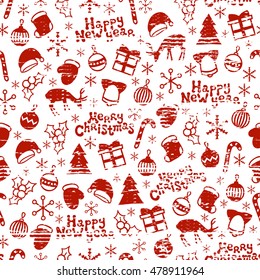 Merry Christmas and Happy New Year 2017. Christmas season hand drawn seamless pattern. Vector illustration. Doodle style. Decorations. Winter holiday backgrounds for design. Deer, snowflakes