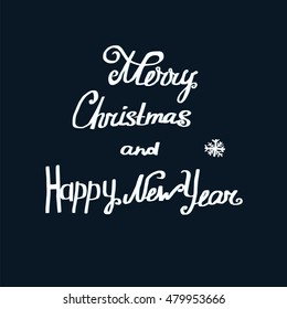 Merry Christmas and Happy New Year hand lettering ink sketch white isolated black background vector
