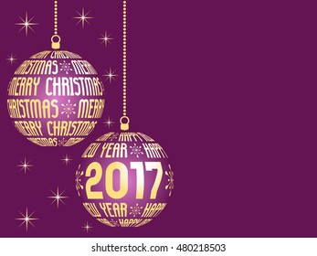 merry christmas and happy new year greeting card, vivid pink background with place for text, hanging gold christmas balls with text