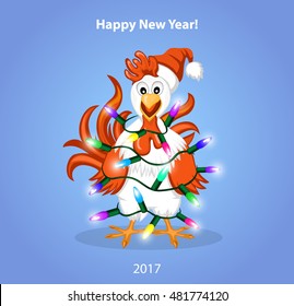 Merry Christmas and Happy New Year Greeting Card with Cute Funny Rooster Wrapped in christmas Lights