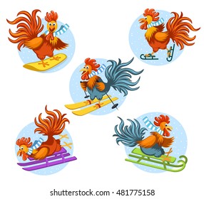 Merry Christmas and Happy New Year Set with Cute Funny Roosters riding sled, skiing, snowboarding and skating