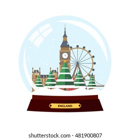 Merry Christmas and Happy New Year. Snow globe. Winter London. Vector flat illustration