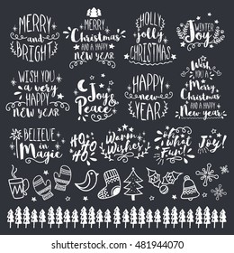 Merry Christmas and Happy New Year Calligraphic, Typographic and Lettering design set, Christmas decoration collection with different elements or ornaments, Vector illustration in chalkboard style.