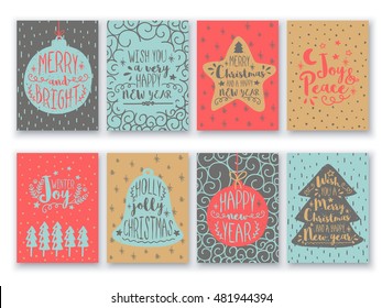 Merry Christmas and Happy New Year cards set, Vintage hand drawn typographic backgrounds with different patterns and elements as xmas ball, star, tree and jingle bell, Creative vector illustration.