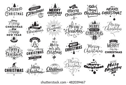 Merry Christmas and Happy New Year 2017 typographic emblems set. Vector logo, text design. Usable for banners, greeting cards, gifts etc.