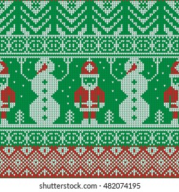 Merry Christmas and Happy New Year ornament for knitting. Knitted Seamless Pattern. Green sweater with embroidered snowmen and Santa Claus.