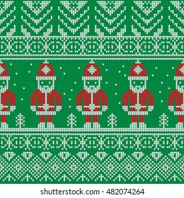 Merry Christmas and Happy New Year ornament for knitting. Knitted Seamless Pattern. Green sweater with embroidered Santa Claus.
