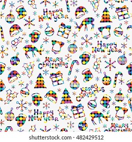 Merry Christmas and Happy New Year 2017. season hand drawn seamless pattern. Vector illustration. Doodle style. Decorations. Winter holiday backgrounds for design. Deer, snowflakes