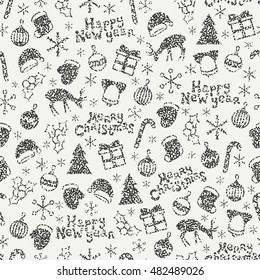 Merry Christmas and Happy New Year 2017. Christmas season hand drawn seamless pattern. Vector illustration. Doodle style. Decorations. Winter holiday backgrounds for design. Deer, snowflakes