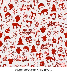Merry Christmas and Happy New Year 2017. Christmas season hand drawn seamless pattern. Vector illustration. Doodle style. Decorations. Winter holiday backgrounds for design. Deer, snowflakes