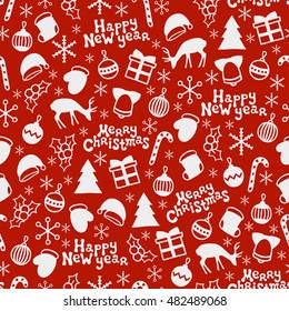 Merry Christmas and Happy New Year 2017. Christmas season hand drawn seamless pattern. Vector illustration. Doodle style. Decorations. Winter holiday backgrounds for design. Deer, snowflakes