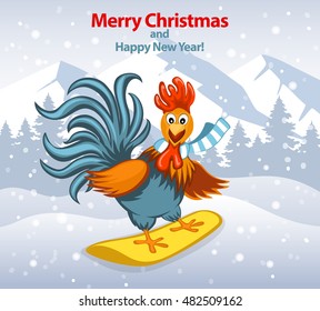 Merry Christmas and Happy New Year Greeting Card with Cute Funny Rooster on  Snowboard Vector Illustration