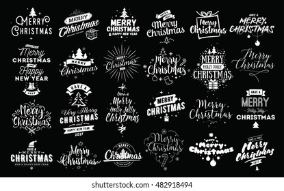 Merry Christmas and Happy New Year 2017 typographic emblems set. Vector logo, text design. Usable for banners, greeting cards, gifts etc.