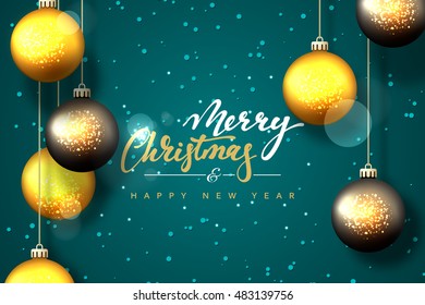 Merry Christmas and Happy New Year card design. Handmade calligraphy Merry Christmas. Blue turquoise hue background with snowflakes and bright highlights, Christmas balls, greeting card