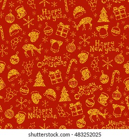 Merry Christmas and Happy New Year 2017. Christmas season hand drawn seamless pattern. Vector illustration. Doodle style. Decorations. Winter holiday backgrounds for design. Deer, snowflakes