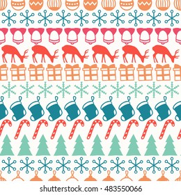 Merry Christmas and Happy New Year 2017. Christmas season hand drawn seamless pattern. Vector illustration. Doodle style. Decorations. Winter holiday backgrounds for design. Deer, snowflakes