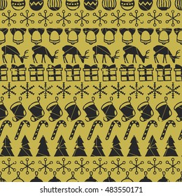 Merry Christmas and Happy New Year 2017. Christmas season hand drawn seamless pattern. Vector illustration. Doodle style. Decorations. Winter holiday backgrounds for design. Deer, snowflakes