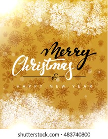 Merry Christmas and Happy New Year concept greeting card design. Postcard background for print or banner to your website. Handmade calligraphy Merry Christmas. Holiday background vector image greeting