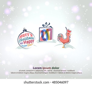 Merry Christmas and Happy New Year border in a shape of three main symbols such  as a Christmas tree toy, gift box and red rooster.  
