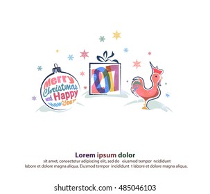 Merry Christmas and Happy New Year border in a shape of three main symbols such  as a Christmas tree toy, gift box and red rooster.  
