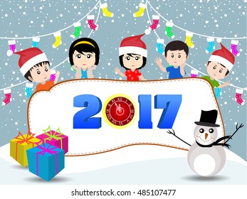 Merry christmas and Happy new year 2017 with five funny kids