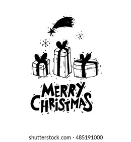 Merry Christmas and Happy New Year. Gifts. Postcard, banner, printed matter, greeting card. Lettering, calligraphy, lino-cut. Black and white. Flat design.