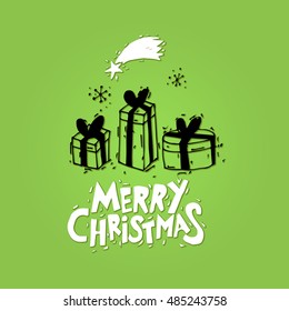 Merry Christmas and Happy New Year. Gifts. Postcard, banner, printed matter, greeting card. Lettering, calligraphy, lino-cut. Black and white. Flat design.