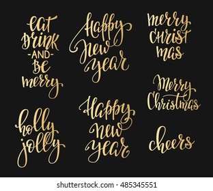 Merry Christmas Happy New Year simple lettering set. Calligraphy postcard or poster graphic design lettering element. Hand written postcard design. Photo overlay Winter Holidays sign detail. Cheers