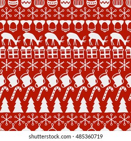 Merry Christmas and Happy New Year 2017. Christmas season hand drawn seamless pattern. Vector illustration. Doodle style. Decorations. Winter holiday backgrounds for design. Deer, snowflakes