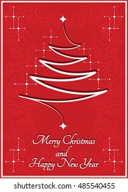 MERRY CHRISTMAS and HAPPY NEW YEAR - SIMPLE ELEGANT GREETING CARD WITH CHRISTMAS TREE AND SPARKLES ON RED BACKGROUND