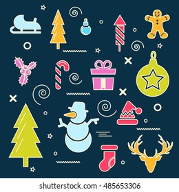 Merry christmas and happy new year winter set. Santa, tiptoe, fireworks, toys, candy, tree, gift, hat, reindeer, skating, gingerbread symbols. Fully editable vector illustrations and icons. Line art. 