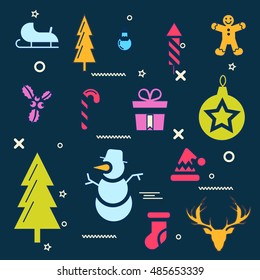 Merry christmas and happy new year winter set. Santa, tiptoe, fireworks, toys, candy, tree, gift, hat, reindeer, skating, gingerbread symbols. Fully editable vector illustrations and icons. Line art. 
