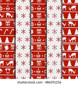Merry Christmas and Happy New Year 2017 set. Christmas season hand drawn seamless pattern. Vector illustration. Doodle style. Decorations. Winter holiday backgrounds for design. Deer, snowflakes