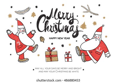 Merry Christmas and Happy New Year. Christmas horizontal greeting card with calligraphy, cute Santa and christmas decorations. Hand drawn design elements