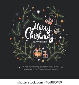 Merry Christmas and Happy New Year. Christmas square greeting card with calligraphy, fir branches and christmas decorations. Hand drawn design elements