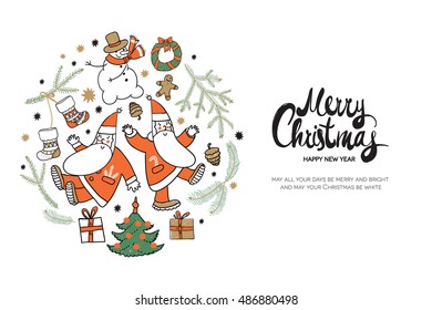Merry Christmas and Happy New Year. Christmas horizontal greeting card with calligraphy, cute Santa and christmas decorations. Hand drawn design elements