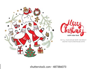 Merry Christmas and Happy New Year. Christmas square greeting card with calligraphy, cute Santa and christmas decorations. Hand drawn design elements