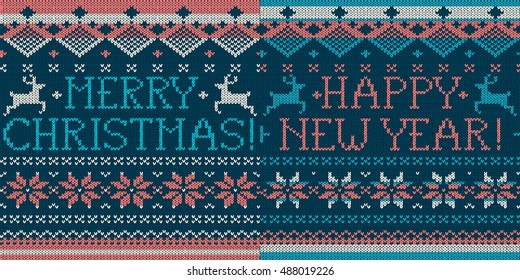Merry Christmas, Happy New Year: 2 Scandinavian style seamless knitted patterns with deer. 