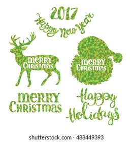 Merry Christmas. Happy New Year. Happy Holidays. Santa Claus. Deer. Christmas set. Green diamonds. Isolated object on white background.